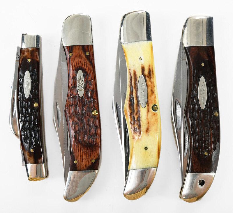 Four Case Knives: Model 6488 four blade congress style, marked "CASE XX/USA/(five dots)", longest blade 2-3/4 in., closed 4 in.; folding hunter knife, brown jigged bone handle, two blades, marked "CASE XX/USA/(six dots