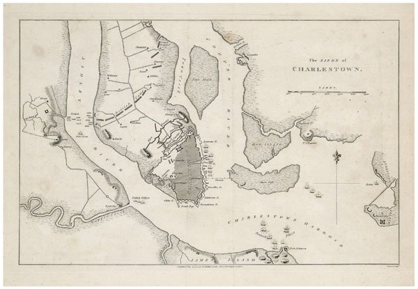 19th century map of Charleston, S.C.,: "The Siege of Charlestown", depicting the June 18, 1776 British attack on Charleston Harbor, published by Richard Phillips, London, 1806, copper engraving on laid paper, 10-1/2 x 14-1/4 in. (page). Lo