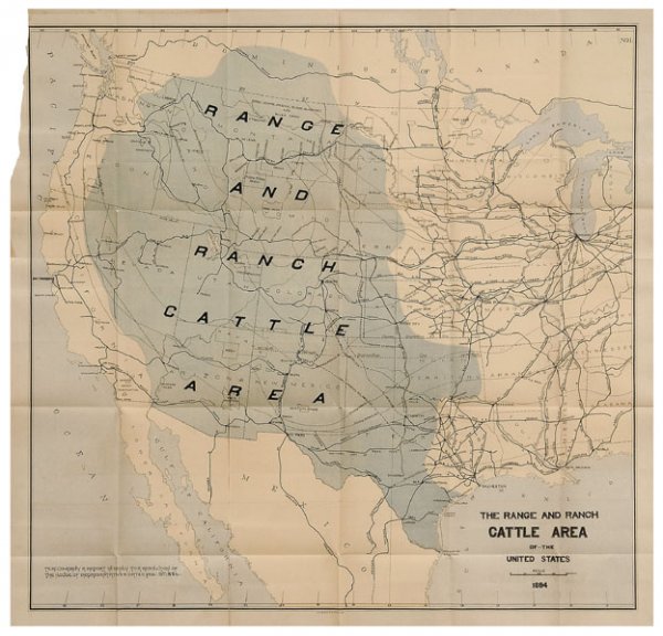 19th century cattle map,: "The Ranch and Range Cattle Area of the United States 1884", folding map with shaded area demarking cattle range, also showing railroads, forts, Indian tribes and reservations, and quarantine or fever