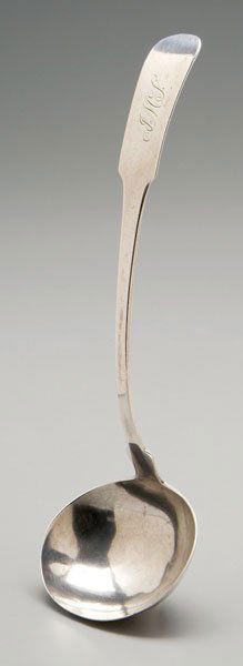 Savannah coin silver ladle,: downturned tipt back, fiddle handle, rounded fins, marked "D.B. Nichols Co" (David B. Nichols, Savannah, Georgia, working 1820-1830), monogrammed "JML", 5.83 oz.T., 12-3/4 in. Small dents in bowl, scr
