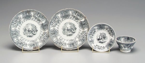 Historic Staffordshire, Texian:: two black transfer plates, soldiers with cannon, borders with medallions of Ceres and trophies of war, marked on back "Texian Campaign" and "JB" below cartouche, 8-1/4 in., Provenance: D.B. Leo, Phila