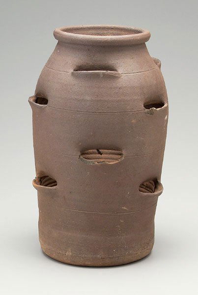 Lanier Meaders strawberry jar: (1917-1998, White County, Georgia), unglazed stoneware, incised signature on base, 16 in. Several large chips, one lip broken off.