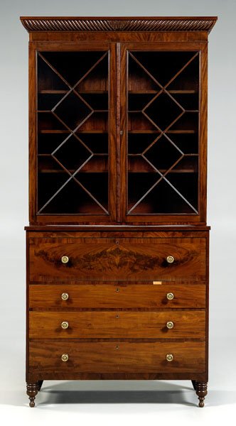 American Federal secretary/bookcase,: mahogany, two-case construction, upper case with gadrooned and carved cornice over two glazed doors with shelved interior, lower case with fitted secretary drawer over three long drawers on original t