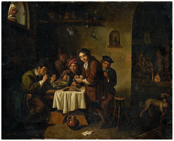 Painting, follower of David Teniers,: tavern scene with peasants smoking pipes and warming themselves by a fire, unsigned, follower of David Teniers II, Flemish, 1610-1690, oil on canvas, old label in script verso, probably 19th century, 