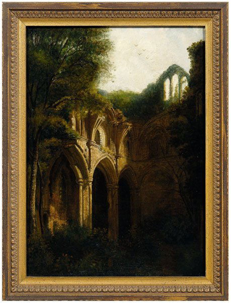 19th century British School painting,: landscape with gothic ruins, unsigned, oil on canvas, 22 x 16 in.; 20th century gilt wood frame. Labels verso for "DeVant Crissey…Painting Conservation…Smyrna, Georgia", resin or wax applied verso