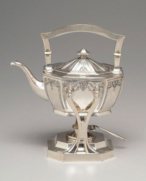 Sterling hot water kettle,: swag, bud and acanthus decoration, maker marks for Dominick & Haff (New York City); retailer mark for J.E. Caldwell & Co. (Philadelphia, Pennsylvania), "1498", 42.02 oz.T., 11-1/4 x 9-3/4 in. Light sc