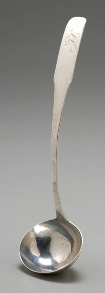 Coin silver ladle,: oval bowl, fiddle handle, downturned tipt back, marked "W. ROE" (William Roe, Albany, New York, working 1776-1800; Troy, New York, 1805-1825; New York City, 1826-1830), monogrammed "JL", 6.61 oz.T., 1