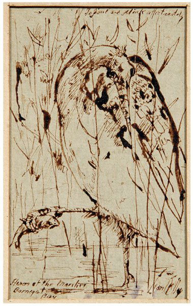 Leon Kelly drawing: (Pennsylvania/New Jersey, 1901-1982), titled lower left "Heron at the Marshes at Barnegat Bay", signed lower right "Leon Kelly" and inscribed verso "To Saul and Mink Walbaum/Affectionately/Leon Kelly/