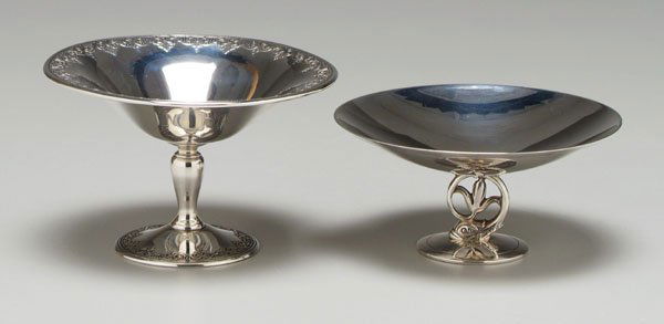 Two Tiffany sterling compotes: one with acanthus and scroll border, pedestal base, marks for Tiffany & Co., "18947A…9743", monogrammed "MCA", 3-1/2 x 5-1/4 in.; one with openwork post with dolphin and flower, marks for Tiffany &