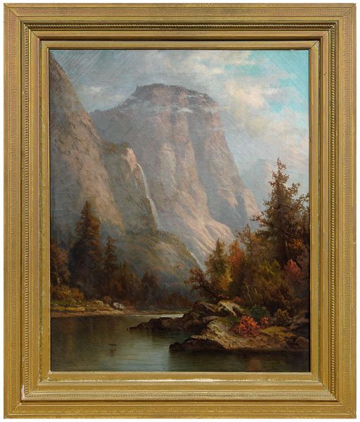 Hudson River School painting,: view of the lower cascade of Yosemite Falls, Yosemite National Park, unsigned, oil on canvas, American, 19th century, 27 x 22 in.; late 19th/early 20th century gilt wood frame. Uneven varnish, crackle