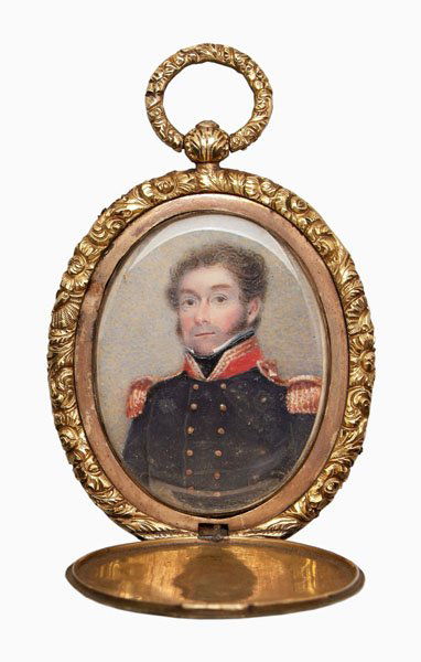 British School miniature portrait,: military officer, early 19th century 1-1/2 x 1-3/16 in.; gold plated locket style frame. Mildew on glass verso (does not appear to affect paint surface); frame hinge sprung. Provenance: Private Collec