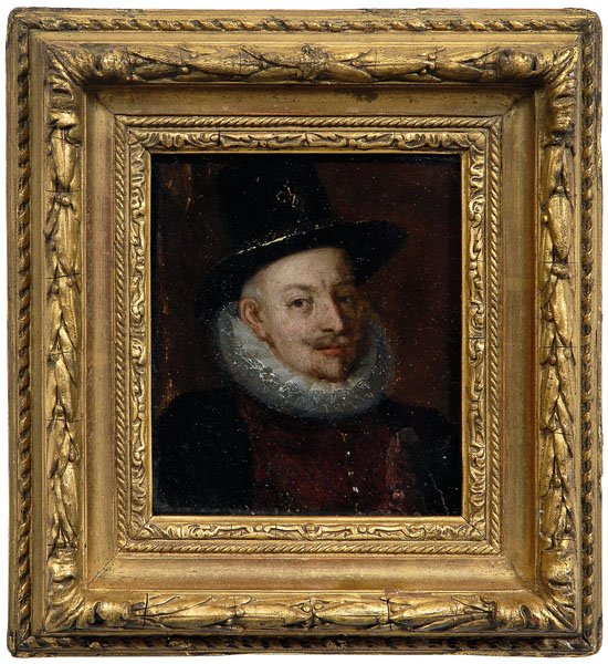 17th century style miniature portrait,: clothed in hat and ruff collar, oil on copper, marked verso "Kayser Ferdinand, II", European, 19th century, 3-7/8 x 3-3/8 in.; late 19th/early 20th century gilt wood and composition frame. Large flake