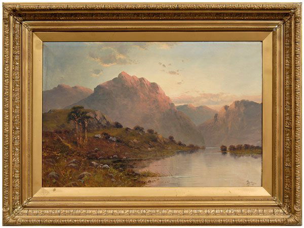 John Henry Boel painting,: Highland lake with cottages, conjoined "J.H. Boel/1904" lower right, attributed to john Henry Boel, British, oil on canvas, late 19th/early 20th century, 20 x 29-7/8 in.; early 20th century gilt wood