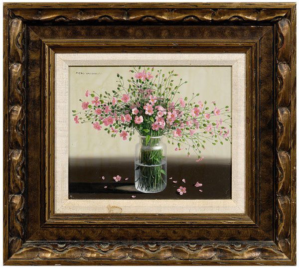 Piero Antonelli painting: (Italian, 1916-1989), titled verso "Flowers/Ancona", still life with bottle of pink flowers, signed upper left "Piero Antonelli", oil on Masonite, 9-3/4 x 11-3/4 in.; modern chip-carved gilt and paint