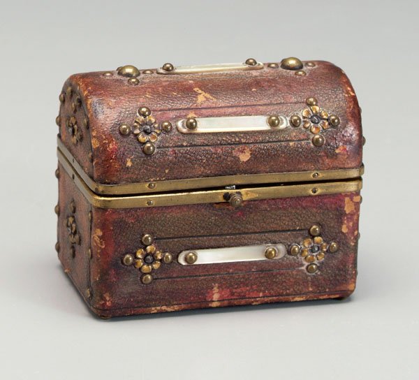Neiman-Marcus scent bottles, chest:: two ormolu-mounted scent bottles with hand painted architectural scenes in lids, original stoppers, chest with old Neiman-Marcus label, probably mid 19th century, 2-7/8 x 3-1/2 x 2-1/4 in. One bottle 