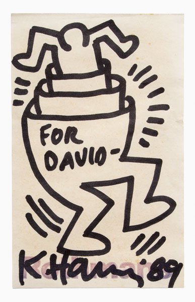 Keith Haring drawing: (New York, 1958-1990), figure, signed and inscribed "For David - K. Haring '89", marker on Rothman's paper, unframed, 5 x 3-1/8 in. Light foxing and toning. Provenance: Given to consigner in Monte Car