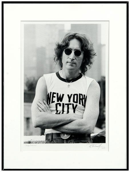 John Lennon photograph by Bob Gruen,: silver gelatin print portrait titled "John Lennon" and inscribed "Bob Gruen, NYC '82" in pencil recto, a later printing of Gruen's 1974 iconic image of Lennon, 20 x 16 in.; modern metal frame. Laid do