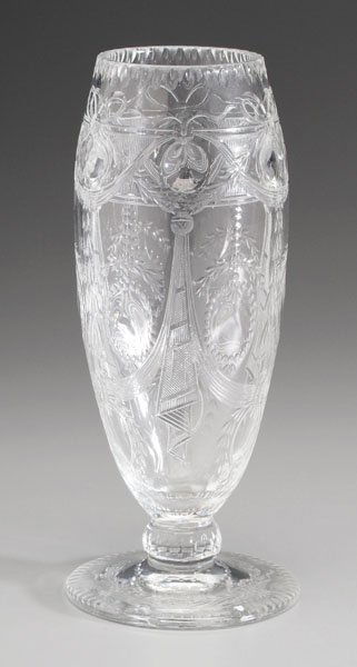 Fine intaglio cut Webb vase,: tapered ovoid form with circular foot, fine swag and tassel decoration with descending medallions and bellflowers, signed on stem, 12-1/4 in. Excellent condition, base with normal wear and scratches.