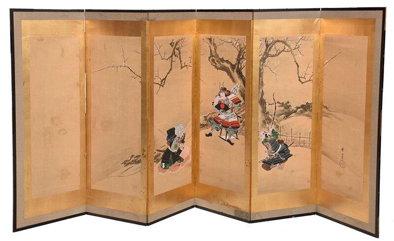 Japanese Screen of Yoshitsune and Benkei: probably 19th century, large six panel screen depicting the pair seated beneath a flowering plum, Yoshitsune in full armor, holding a fan, the warrior priest Benkei kneeling before him on a leopard 