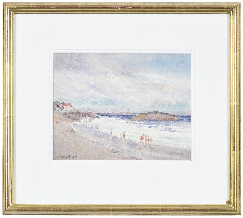 Virginia Helen Gruppe: (Dutch/America, 1907-1980)Beach Scene, signed lower left "Virginia Gruppe", watercolor on paper, 7 x 9 in.; modern gilt wood frame, 14-1/4 x 16 in. - Provenance: From The Collection Of The Late Dr. an