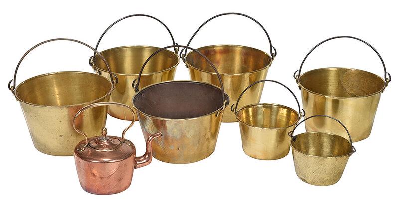 Copper Kettle with Seven Brass Buckets: American, late 19th/20th century, hot water kettle with dovetailed base, overall 11 in.; seven brass buckets with iron bail handles and copper rivets, some with patent marks for 1851 by the Ansonia Br