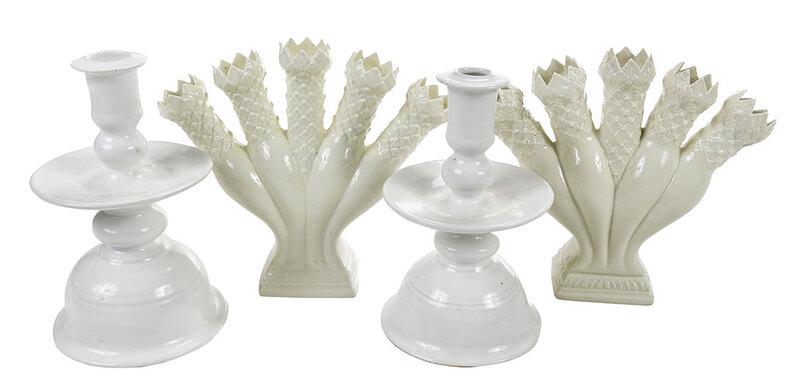 Pair Creamware Candlesticks and Posy Vases: 20th century, white glazed ceramic candlestick with wide drip pans and bell form base, signed "ME/1995", 8 in.; Wedgwood molded creamware vases, stamped "Williamsburg Posy Holder" with Wedgwood mark,