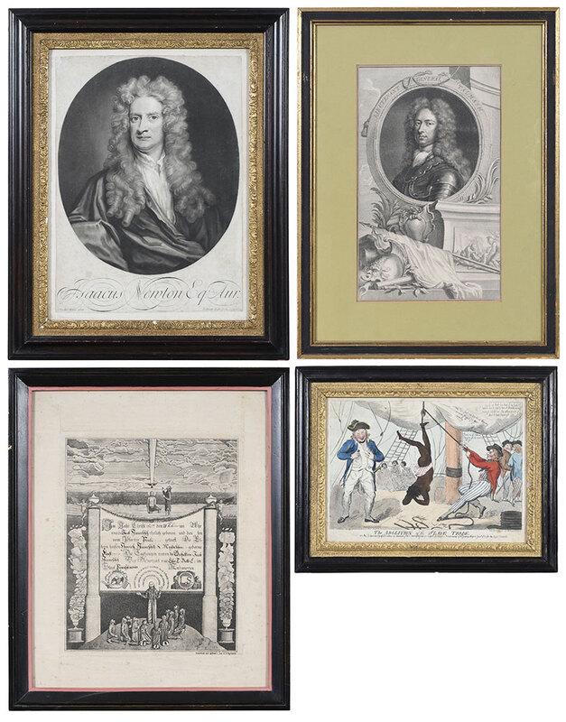 Four Miscellaneous Prints: (18th-19th century)John Raphael Smith (British, 1751-1812) after Godfrey Kneller, Portrait of Isaac Newton, mezzotint, plate 13-5/8 x 10 in., period style frame 18-3/4 x 15-1/8 in.; Lieutenant Genera