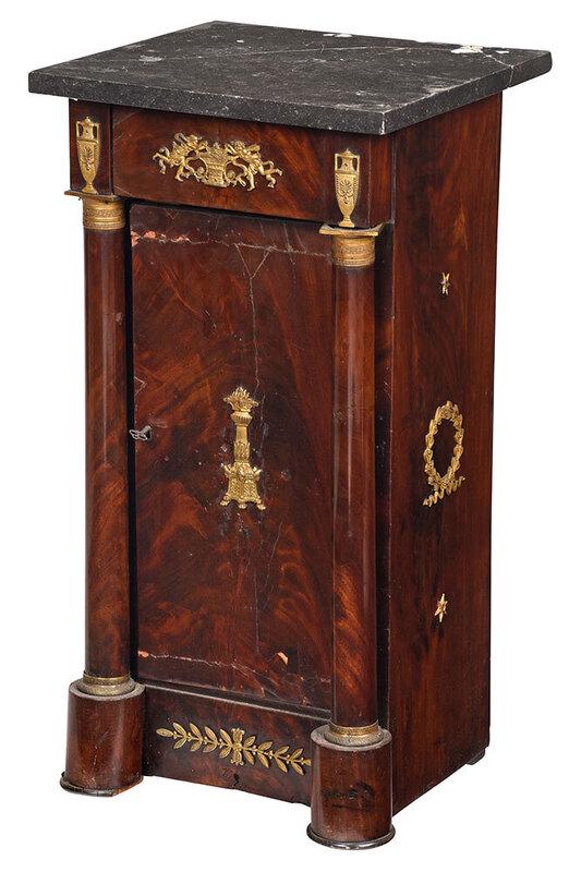 Empire Bronze Mounted Mahogany Bedside Commode: marble top over a single frieze drawer above a cabinet door, figured veneers with gilt bronze mounts, veneered and bronze mounted back, cabinet door opens to a shelved interior, 32-1/2 x 17 x 15-1/2 i