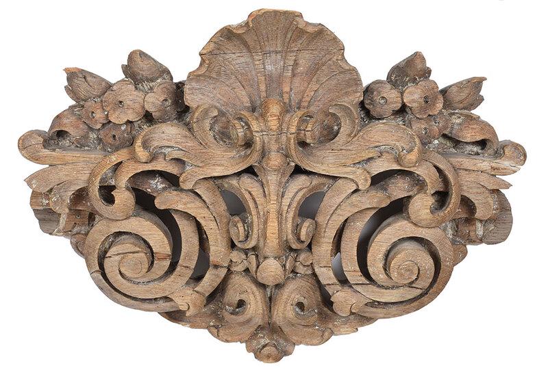 Rococo Style Carved Oak Architectural Wall Ornament: Continental, 20th century, deeply carved wall ornament with shell crest, floral and scroll elements, with wire for hanging, 15 x 21 x 6-1/2 in. - Provenance: Private Collection, Highlands, North Caro