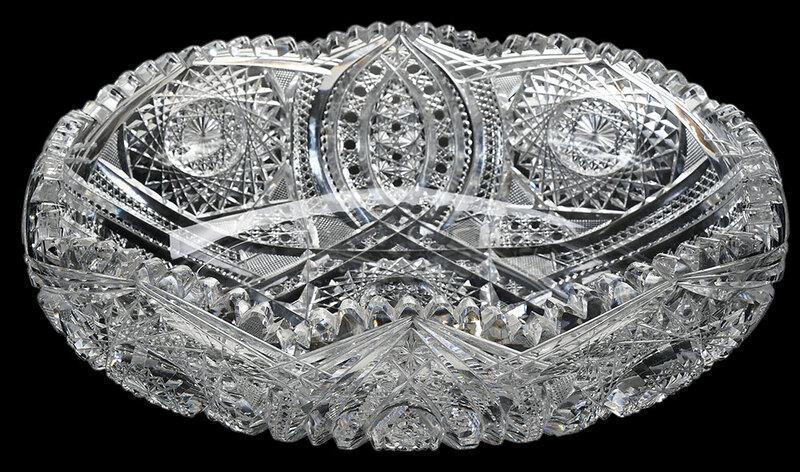 J. Hoare Cut Glass Oval Center Bowl: hobstar geometric pattern, marked "J. Hoare 1853 Corning", 10-1/2 x 8 x 3 in. - Provenance: Private Collection, Columbus, North Carolina