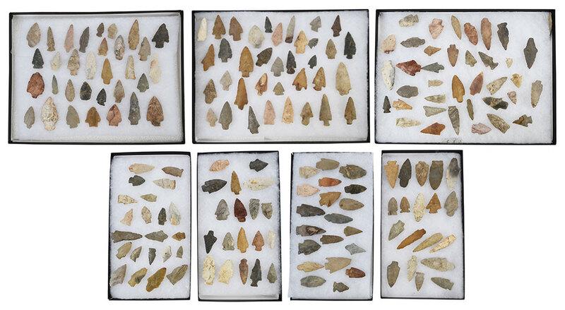 Collection of Native American Stone Arrowheads: age and origin unknown, approximately 180 arrowheads in seven display boxes, arrowhead sizes vary from 1 in. to 3 in.; largest box 12-1/4 x 16-1/4 in.