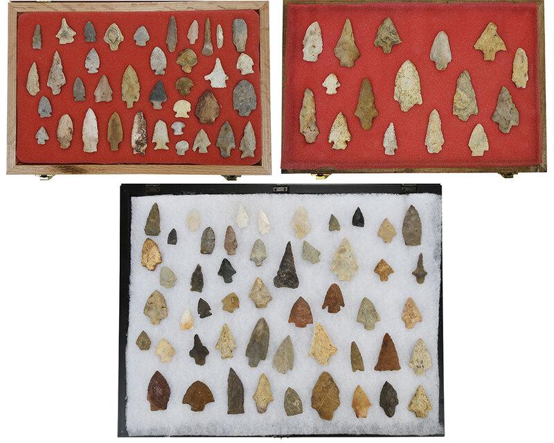 Collection of Native American Stone Arrowheads: age and origin unknown, approximately 100 arrowheads in three display boxes, arrowhead sizes vary from 1 in. to 3-1/2 in.; largest box 17-1/4 x 21-1/4 in.