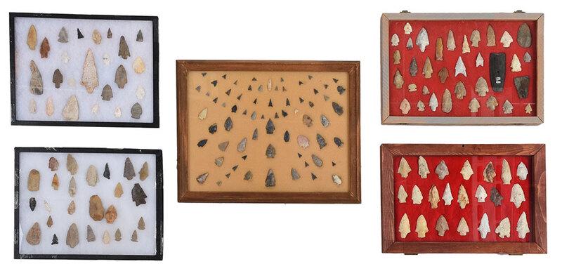 Group of Native American Stone Arrowheads: age and origin unknown, five cases total including one with small bird points, wooden case; one with over 30 points and tools, wooden case; one with 22 points in wooden case; two collections in Riker 