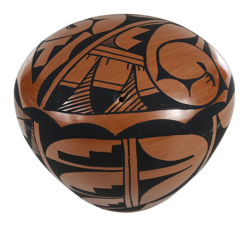 Jemez Redware Seed Pot: late 20th century, signed on bottom "G. Gonzales/Jemez/Pue", with black geometric decoration, 5-1/4 x 6 in. dia. - Provenance: Private Florida Collection