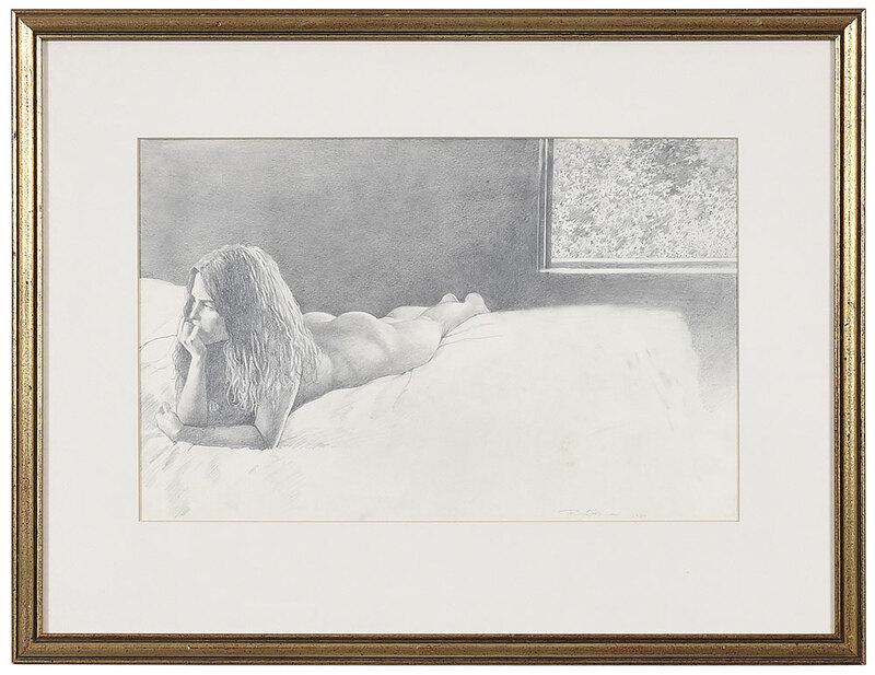 Tim O'Kane: (American/Virginia, born 1950)Nude on a Bed, signed lower right "Tim O'Kane 1980", graphite on cream paper, sight 10-7/8 x 17-1/8 in.; gilt wood frame, 18-3/4 x 24-1/2 in. - Provenance: Property from 