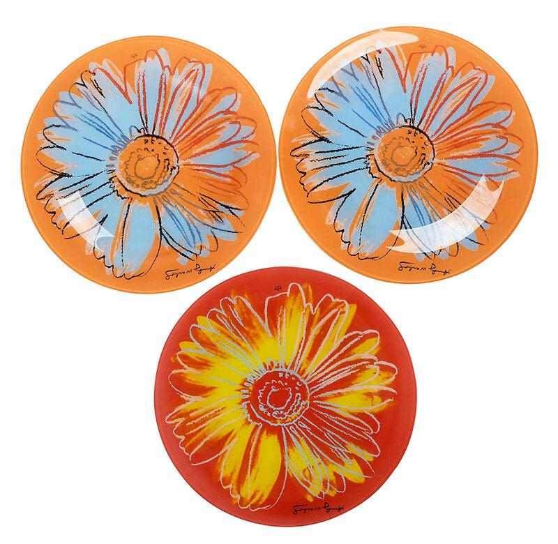 Three Rosenthal After Andy Warhol Glass Plates: circa 1980s, from the ''Daisies'' series, Rosenthal Studio Line, two orange ground and one red ground with large daisy screen print decoration, Rosenthal label and signed "Andy Warhol" in facsimile, 1