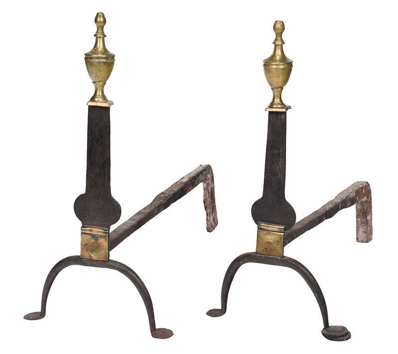 Pair Federal Brass and Iron Knife Blade Andirons: late 18th/early 19th century, each with urn form brass finial over knife blade iron support, arched legs and penny feet, 18-1/4 x 9 x 20 in. - Provenance: formerly collection of MESDA; A North Carolin