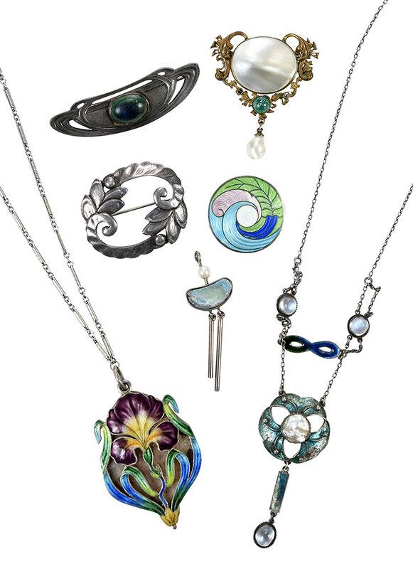 Seven Pieces Art Nouveau Style Jewelry: two necklaces, one with moonstones, pearls and enamel, other large flower design with enamel, both pendants tested sterling silver, moonstone pendant approx. 2-1/2 x 1-1/16 in., 15-1/2 in. lg., flower