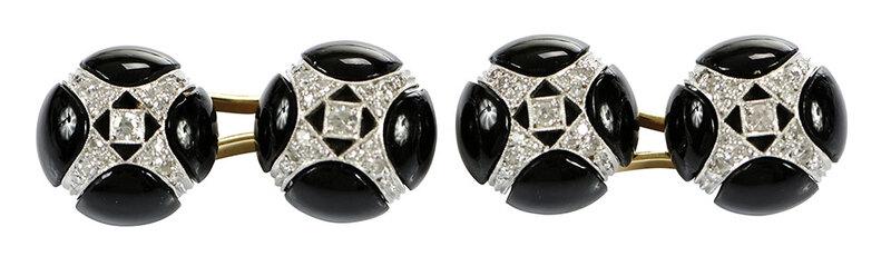 Platinum, 18kt. and Gemstone Cufflinks: each with 16 single cut diamonds, black onyx, diamond mounting tested platinum, connector tested 18kt. yellow gold, ends measure approx. 1/2 in., 7.7 grams - Provenance: Estate of Robert K. Johnson, A