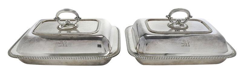 Pair Old Sheffield Plate Entrees Dishes: English, late 18th/early 19th century, rectangular form with rounded corners, egg borders, scroll handle, let-in shield with lion heraldic device, unmarked, 5-3/4 x 11-3/4 x 9 in. - Provenance: Estate