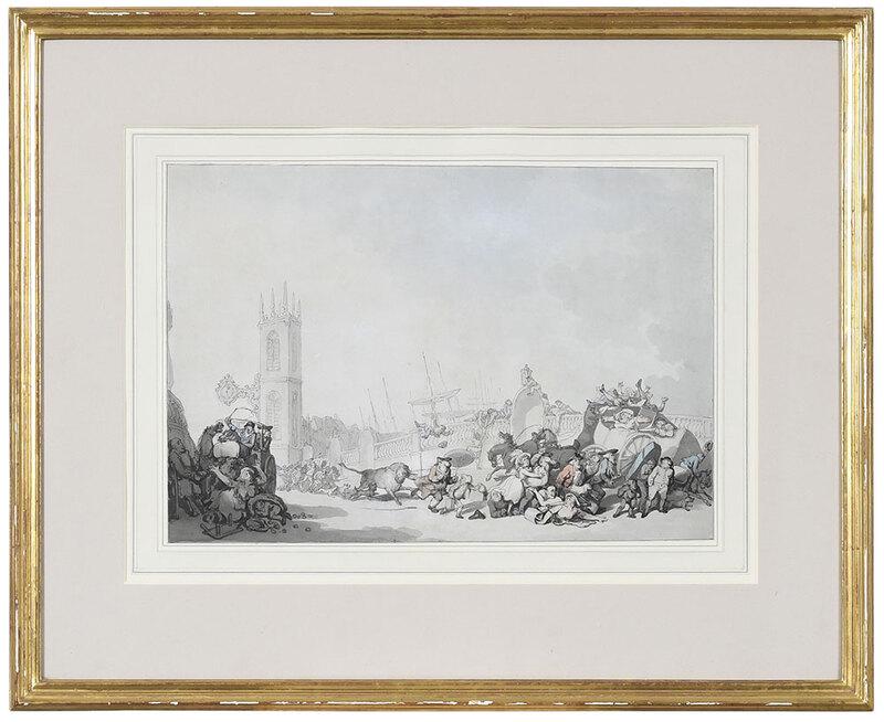 Thomas Rowlandson: (British, 1756-1827)The Overdrove Ox, An Incident on London Bridge, unsigned, pen and ink, watercolor on laid paper with Strasbourg Lily watermark, 13-1/8 x 19-3/8 in.; frame, 24-1/2 x 30-3/8 in - Pro
