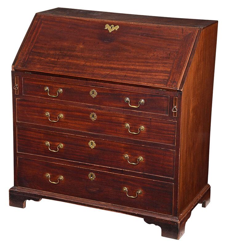 George III Figured Mahogany Slant Front Desk: British, late 18th/early 19th century, rich reddish brown color, fitted interior with six drawers and paneled prospect door, dovetailed construction with mahogany linings, above four long drawers, pro