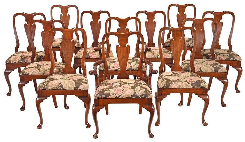 Set of 12 Queen Anne Style Dining Chairs: 20th century, two arm and ten side, each with floral upholstered slip seat, cabriole legs with pad feet, 38-1/2 x 19 in. - Provenance: Property from a duPont Family Estate, Charlottesville, Virginia