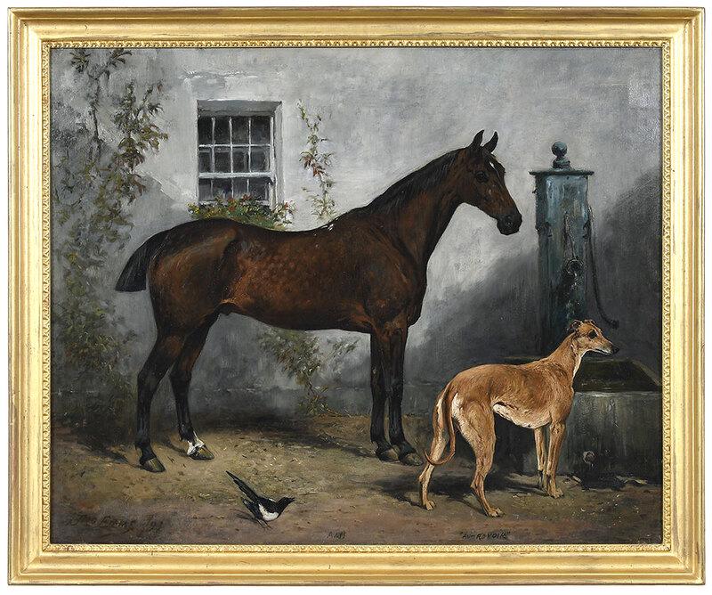 John Emms: (British, 1843-1912)The Bay Horse Ami and the Greyhound Au-Revoir by a Well, 1891, signed lower left "Jno Emms/91", oil on canvas, 26-1/8 x 32 in.; gilt wood frame, 29-1/2 x 35-3/8 in.[sporting] - P