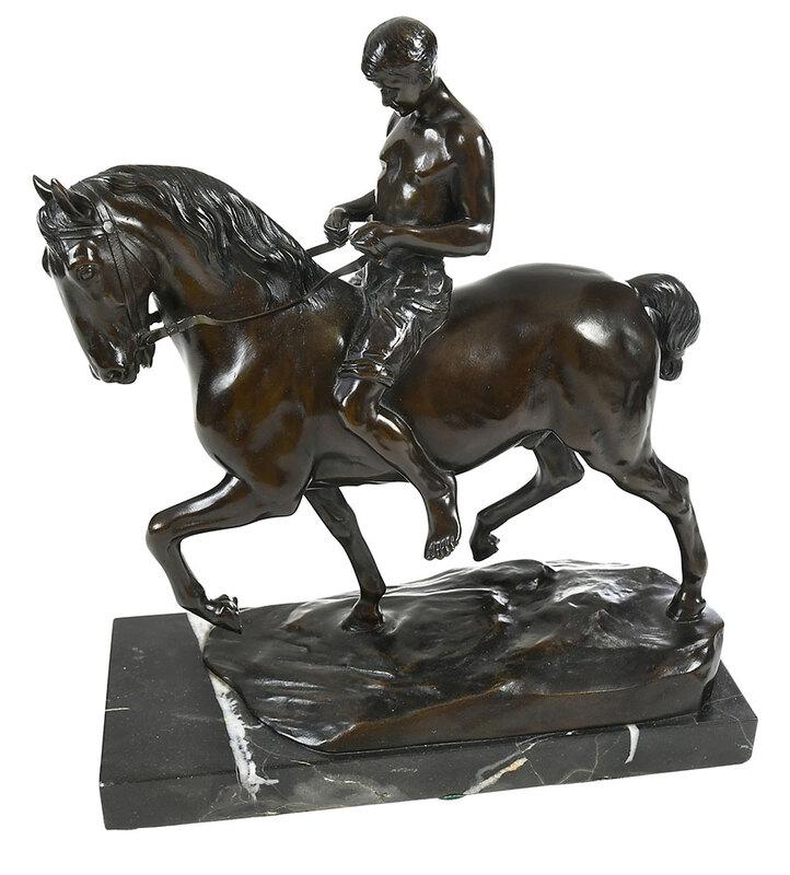 Rudolf Kaesbach: (German, 1873-1955)The Horse Tamer, signed on naturalistic base "R. Kaesbach", foundry stamp for Bräunlich & Langlotz, Berlin, patinated bronze, 12 x 9-5/8 x 4 in.; black marble base, 1 x 11-1/2 x 4