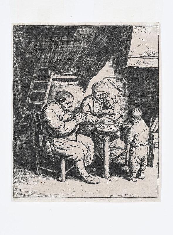 Adriaen Van Ostade: (Dutch 1610-1685)Saying Grace (B., H., G., 34), 1653, edition II/VI, signed in plate upper right "AV Ostade/1653", two collector's stamps verso (one L.1644), etching on laid paper, sheet 6-1/8 x 5
