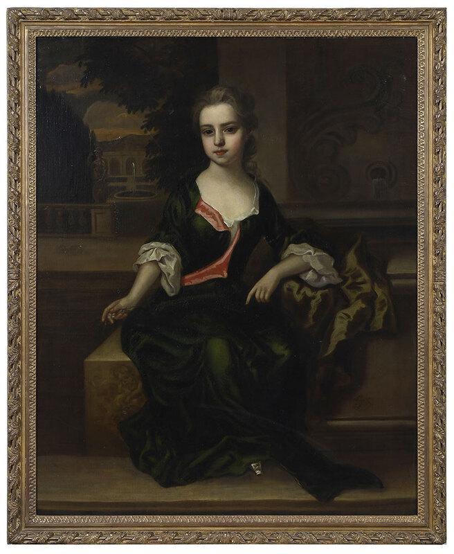 Follower of Sir Peter Lely: (British, 1618-1680)Portrait of a Young Woman in an Architectural Landscape, bears signature lower right "PLely/1659", oil on canvas, 50 x 39-3/4 in.; gilt wood and composition frame, 54-1/2 x 44-1/2