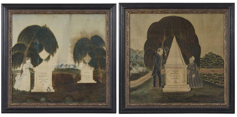 Two Massachusetts Mourning Theorems: circa 1830s, view of two figures standing by a large monument inscribed "Sacred in the Memory of Mr. John Cobb Jr. who died Augst 30th 1823 aged 23 Years", with lock of hair lower right corner, waterc