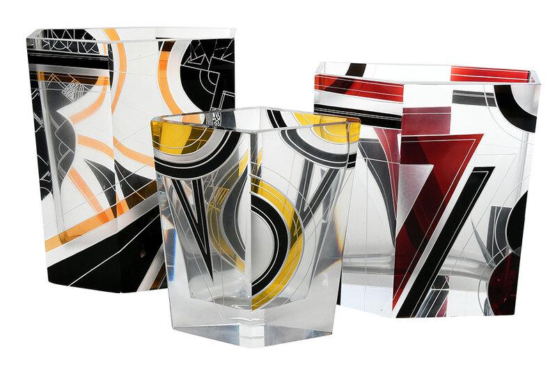 Three Czech Art Deco Enameled Glass Vases: circa 1930s, probably Karl Palda designs, three clear glass vases with etched and frosted geometric designs, all unsigned, 8 x 7 in.; 9 x 8 in.; 10 x 8-1/4 in. - Provenance: Carlton Dailey, Charleston