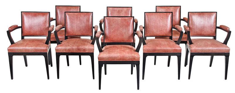 Set Eight Art Deco Style Ebonized Dining Chairs: modern construction by "Donghia", all armchairs, each with ebonized frame set with faux porphyry upholstery, striped upholstered back panels, 34-1/4 x 24 x 20 in.[Art Deco] - Provenance: Private Colle